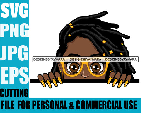 Afro Lili Black Girl Woman Peeking Peekaboo Glasses Nails Nubian Queen Melanin Dreadlocks Hair Style Personal & Commercial Use SVG Cutting Files For Silhouette Cricut More