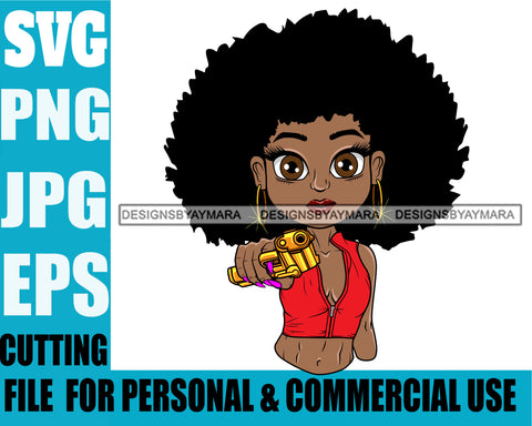 Afro Lili Black Girl Woman Armed Gun Gangster Glamour Hoop Earrings Afro Hair Style SVG Cutting Files For Silhouette Cricut More