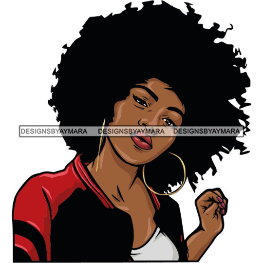 Black Afro Woman Red And Black Jacket Big Afro Hair Lips SVG Cutting Vector Files Artwork for Cricut Silhouette And More