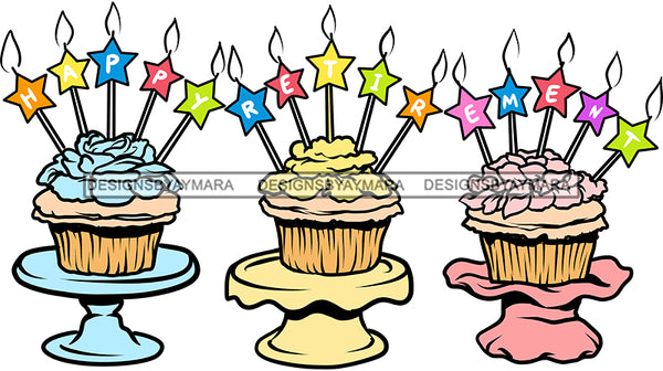 Happy Retirement Cupcakes Cake Candles Party Sparkling Stars Flames Fire Graphic  Skillz JPG PNG  Clipart Cricut Silhouette Cut Cutting