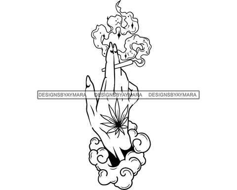 Woman Hand Holding Marijuana Long Nails Joint Smoking Pot Weed Cannabis Leaf B/W SVG PNG JPG Vector Clipart Silhouette Cricut Cutting