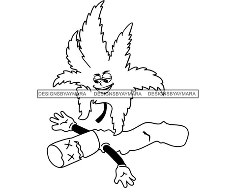 Marijuana Leaf Funny Face On Top Cigarette Joint Smoking Pot Weed Cannabis B/W SVG PNG JPG Vector Clipart Silhouette Cricut Cutting