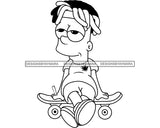 Fictional Character Sitting On Skateboard Marijuana T Shirt Cannabis Leaf B/W SVG PNG JPG Vector Clipart Silhouette Cricut Cutting