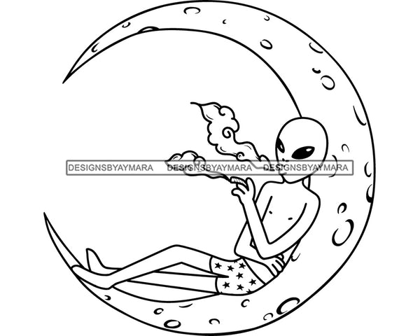 Alien Smoking Marijuana Half Moon Pot Stone Blunt Weed Cannabis High Life Smoker Drug B/W SVG PNG JPG Vector Clipart Silhouette Cricut Cutting