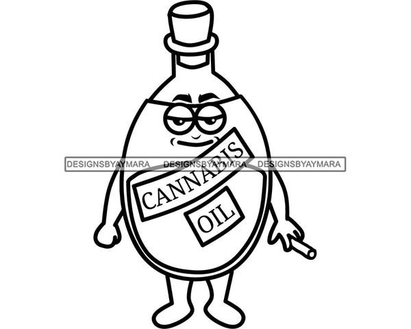 Cannabis Oil Bottle Funny Face Big Eyes Marijuana Glass Container Essence B/W SVG PNG JPG Vector Clipart Silhouette Cricut Cutting