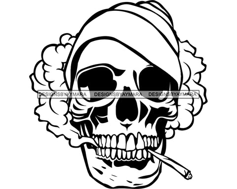 Skull Smoking Joint Blunt Weed Cannabis 420 Medical Marijuana Pot Stone High Life Smoker Drug Beanie B/W SVG PNG Vector Clipart Silhouette Cricut Cut Cutting