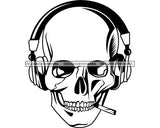 Skull Smoking Joint Blunt Weed Cannabis 420 Medical Marijuana Pot Stone High Life Smoker Drug Headphones B/W SVG PNG Vector Clipart Silhouette Cricut Cut Cutting