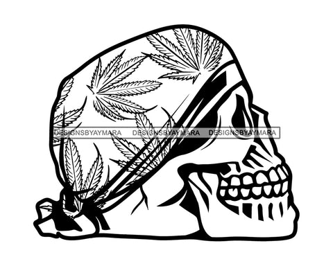 Skull Tattoo Art Weed Cannabis 420 Medical Marijuana Leaves Bandana Side View Pot Stone High Life Smoker Drug B/W SVG PNG Vector Clipart Silhouette Cricut Cut Cutting