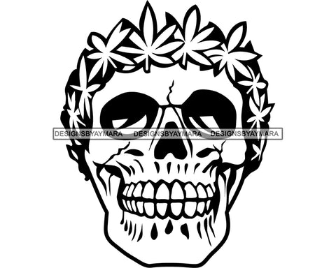 Skull Tattoo Art Weed Cannabis 420 Medical Marijuana Leaves Headpiece Pot Stone High Life Smoker Drug B/W SVG PNG Vector Clipart Silhouette Cricut Cut Cutting