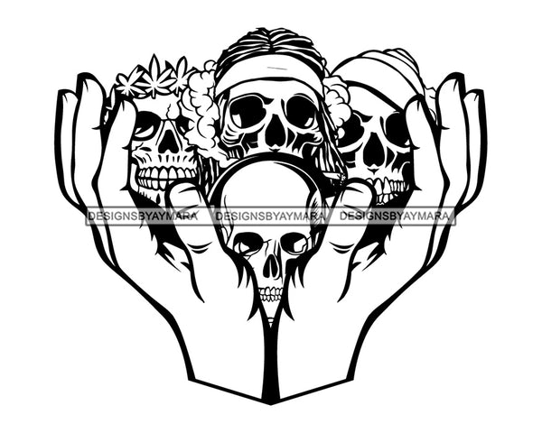 Hands Holding  Skulls Skeletons Craniums Smoking Marijuana Joints Cannabis Weed B/W SVG PNG JPG Vector Clipart Silhouette Cricut Cutting