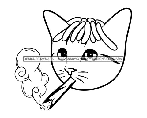 Cat Smoking Marijuana Pot Stone Blunt Weed Cannabis High Life Smoker Drug B/W SVG PNG JPG Vector Clipart Silhouette Cricut Cutting