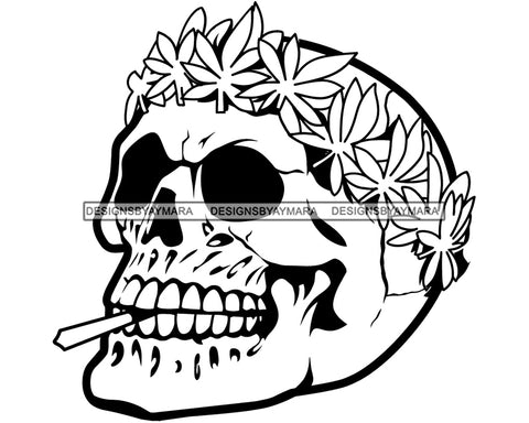 Skull Smoking Joint Blunt Weed Cannabis 420 Medical Marijuana Leaves Headpiece Pot Stone High Life Smoker Drug B/W SVG PNG Vector Clipart Silhouette Cricut Cut Cutting