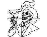 Skull Smoking Weed Cannabis 420 Medical Marijuana Leaves Suit Hat Pot Stone High Life Smoker Drug B/W SVG PNG Vector Clipart Silhouette Cricut Cut Cutting