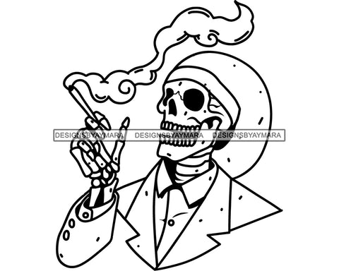 Skull Smoking Weed Cannabis 420 Medical Marijuana Leaves Suit Hat Pot Stone High Life Smoker Drug B/W SVG PNG Vector Clipart Silhouette Cricut Cut Cutting