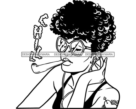 Afro Woman Smoking Pot Blunt Joint Goddess Cannabis Getting High Stoned Short Hairstyle  B/W SVG JPG PNG Cutting Files For Silhouette Cricut More