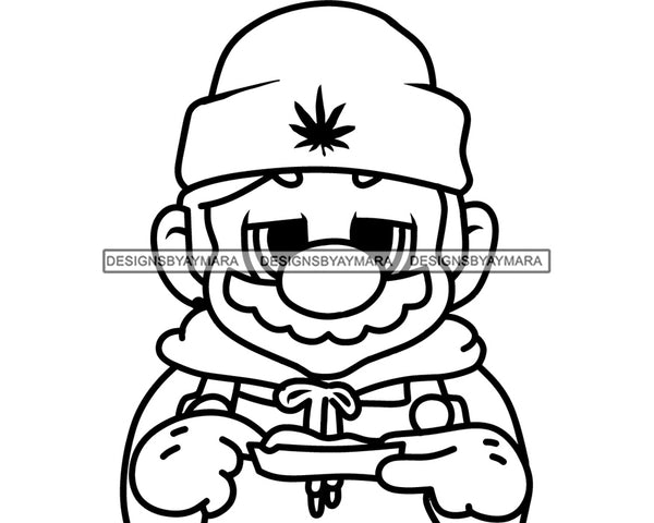 Fictional Character Clown Wearing Beanie Rolling Marijuana Joint Cannabis Leaf B/W SVG PNG JPG Vector Clipart Silhouette Cricut Cutting