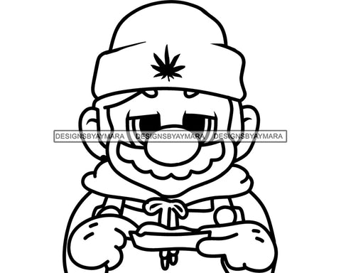 Fictional Character Clown Wearing Beanie Rolling Marijuana Joint Cannabis Leaf B/W SVG PNG JPG Vector Clipart Silhouette Cricut Cutting