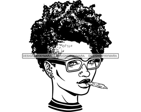 Afro Woman Smoking Pot Blunt Joint Goddess Glasses Cannabis Getting High Stoned Short Curly Hairstyle  B/W SVG JPG PNG Cutting Files For Silhouette Cricut More