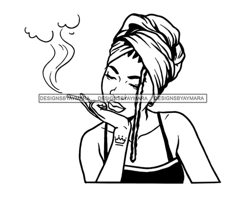 Afro Woman Smoking Pot Blunt Joint Goddess Cannabis Getting High Stoned Headwrap Turban B/W SVG JPG PNG Cutting Files For Silhouette Cricut More