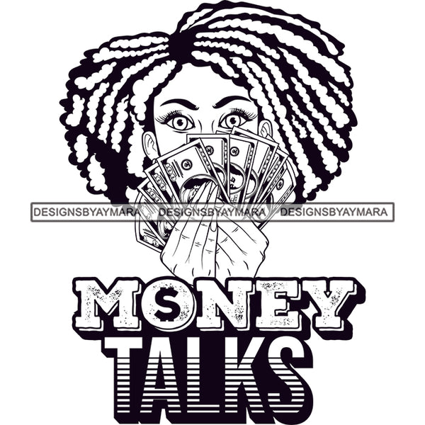 Sassy Afro Woman Money Talks Financial Holding Money Cash Dreadlocks Hairstyle B/W SVG JPG PNG Vector Clipart Cricut Silhouette Cut Cutting