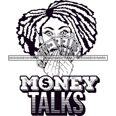 Sassy Afro Woman Money Talks Financial Holding Money Cash Dreadlocks Hairstyle B/W SVG JPG PNG Vector Clipart Cricut Silhouette Cut Cutting