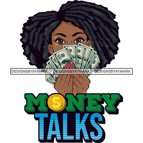 Sassy Afro Woman Money Talks Financial Holding Money Cash Dreadlocks Hairstyle SVG JPG PNG Vector Clipart Cricut Silhouette Cut Cutting