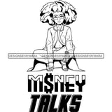 Sassy Afro Woman Money Talks Business Sunglasses Puffy Afro Hairstyle B/W SVG JPG PNG Vector Clipart Cricut Silhouette Cut Cutting