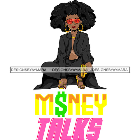 Sassy Afro Woman Money Talks Business Sunglasses Puffy Afro Hairstyle SVG JPG PNG Vector Clipart Cricut Silhouette Cut Cutting