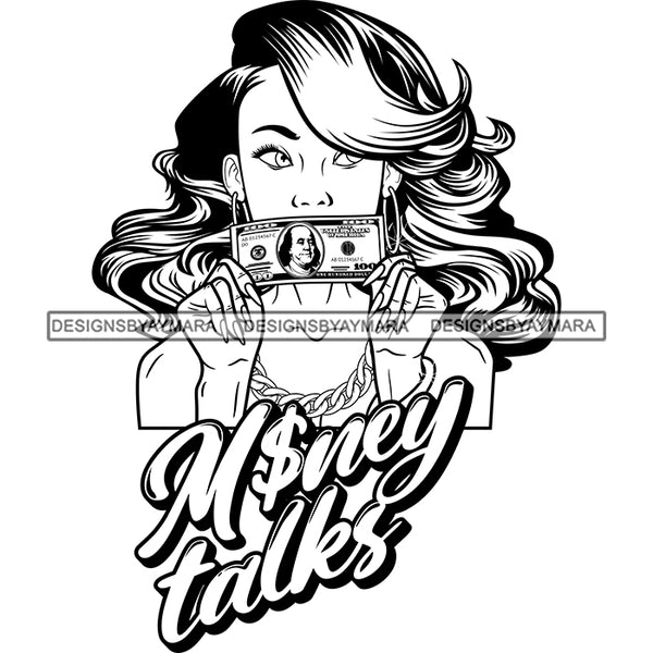Sassy Afro Woman Money Talks Business Dollar Long Wavy Hairstyle B/W SVG JPG PNG Vector Clipart Cricut Silhouette Cut Cutting