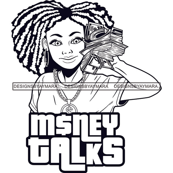 Sassy Afro Woman Money Talks Prosperity Dollars Dreadlocks Hairstyle B/W SVG JPG PNG Vector Clipart Cricut Silhouette Cut Cutting