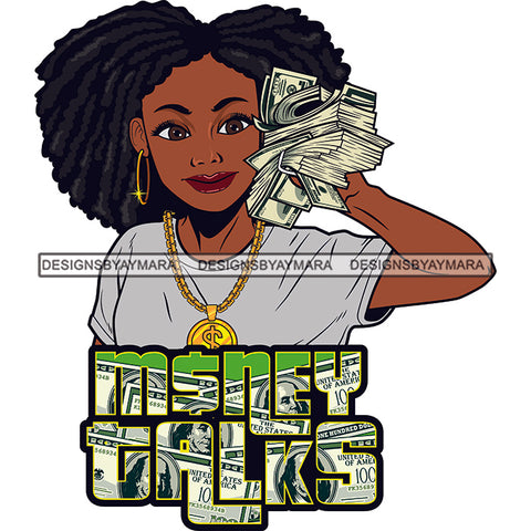 Sassy Afro Woman Money Talks Prosperity Dollars Dreadlocks Hairstyle SVG JPG PNG Vector Clipart Cricut Silhouette Cut Cutting