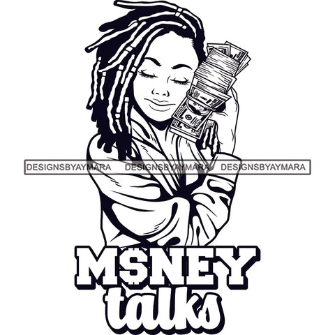 Sassy Afro Woman Money Talks Ownership Cash Dreadlocks Hairstyle B/W SVG JPG PNG Vector Clipart Cricut Silhouette Cut Cutting