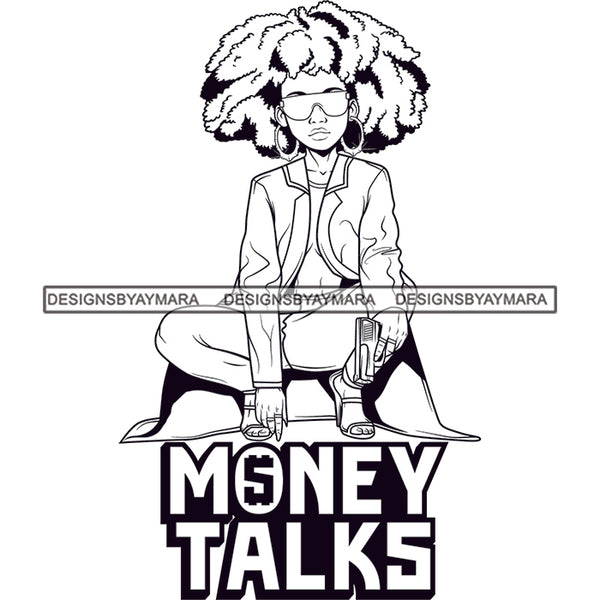 Sassy Afro Woman Money Talks Business Sunglasses Hoop Earrings Afro Hairstyle B/W SVG JPG PNG Vector Clipart Cricut Silhouette Cut Cutting
