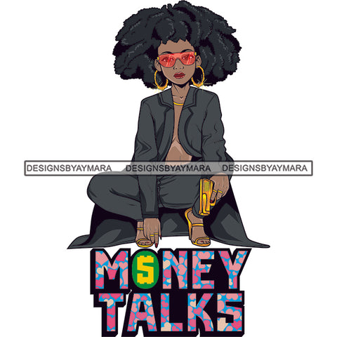Sassy Afro Woman Money Talks Business Sunglasses Hoop Earrings Afro Hairstyle SVG JPG PNG Vector Clipart Cricut Silhouette Cut Cutting