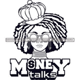 Sassy Afro Woman Money Talks Investment Crowned Sunglasses Dreadlocks Hairstyle B/W SVG JPG PNG Vector Clipart Cricut Silhouette Cut Cutting