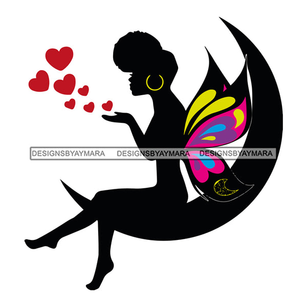 Afro Attractive Black Classy Woman With Wings Fairy Fantasy Half Moon Up Do Hair Style SVG Cutting Files For Silhouette Cricut More