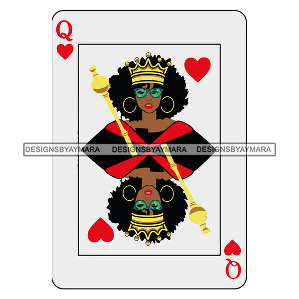 Afro Attractive Black Woman Queen Of Hearts Casino Cards Royalty Afro Hair Style SVG Cutting Files For Silhouette Cricut More