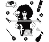 Cleaning Woman Service With Big Afro Cleaning Supplies In BW SVG JPG PNG Vector Clipart Cricut Silhouette Cut Cutting1