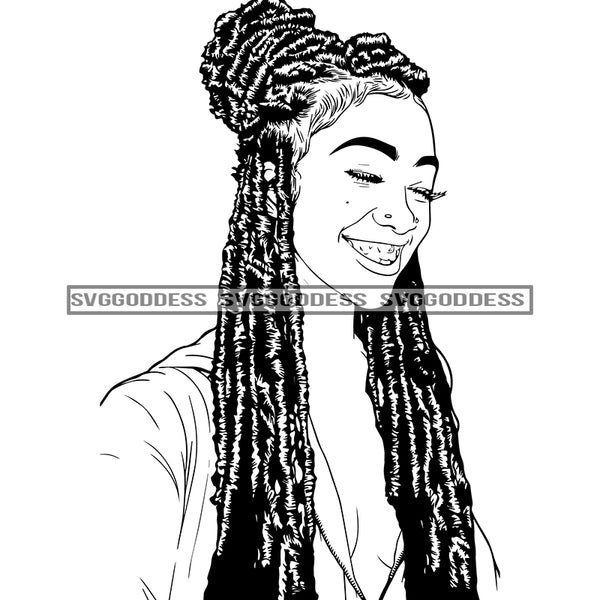 Afro Attractive Urban Girl Side View Melanin Nubian Long Dreadlocks Bun Hairstyle B/W SVG Cutting Files Silhouette Cricut
