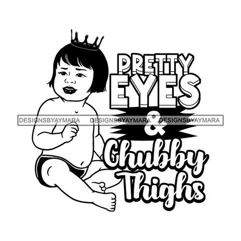 Adorable Baby Girl Quotes Crown Sitting Happy Straight Short Bangs Hairstyle B/W SVG JPG PNG Vector Clipart Cricut Silhouette Cut Cutting