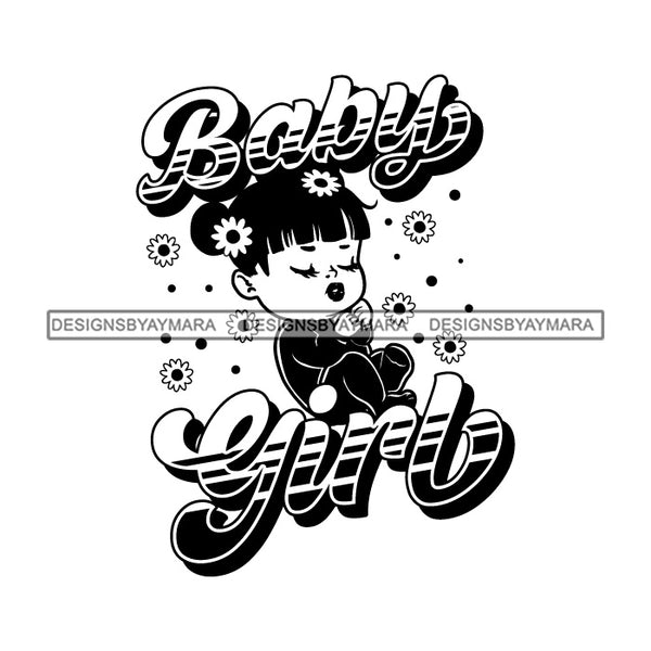 Adorable Baby Girl Quotes Sleeping Daisy Flowers Pigtails Hairstyle B/W SVG JPG PNG Vector Clipart Cricut Silhouette Cut Cutting