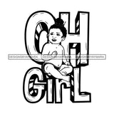 Adorable Baby Girl Quotes Crown Sitting Smiling Puffy Bun Hairstyle B/W SVG JPG PNG Vector Clipart Cricut Silhouette Cut Cutting