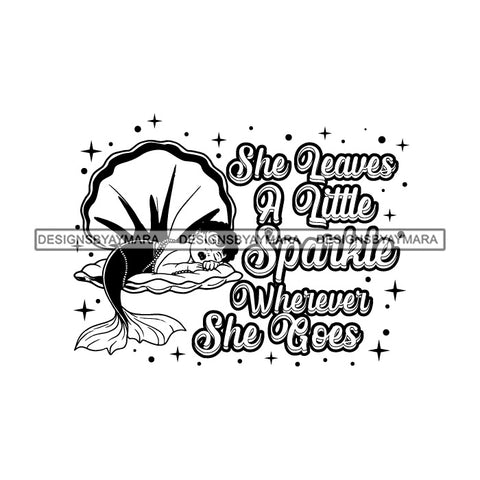 Adorable Baby Girl Quotes Dreaming Sleeping Clam Shell Mermaid B/W SVG JPG PNG Vector Clipart Cricut Silhouette Cut Cutting