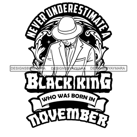 Sexy Afro Man King November Birthday Head Down Classic Hat Elegant Retro Suit B/W SVG JPG PNG Vector Clipart Cricut Silhouette Cut Cutting