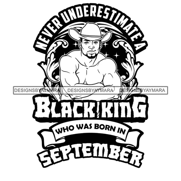 Sexy Afro Man King September Birthday Smiling Shirtless Cowboy Hat Style B/W SVG JPG PNG Vector Clipart Cricut Silhouette Cut Cutting