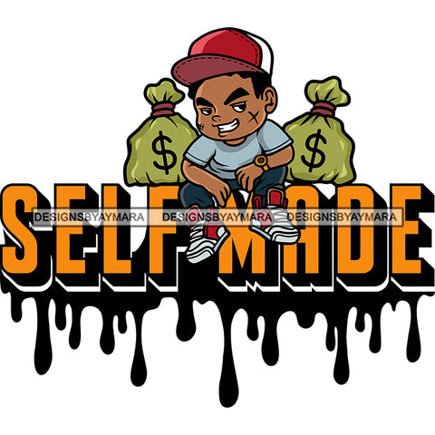 Self Made Quote African American Boy Sitting Pose Bundle Wearing Cap Scarface Boy Wearing Gold Chain White Background Design Element Color Dripping SVG JPG PNG Vector Clipart Cricut Silhouette Cut Cutting