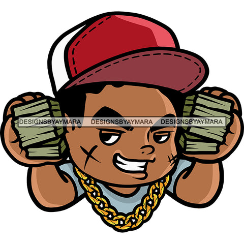 African American Boy Holding Money Bundle Scarface Boy Smile Pose Wearing Cap Gold Chain White Background Design Element SVG JPG PNG Vector Clipart Cricut Silhouette Cut Cutting