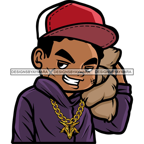 Gangster Boy Holding Money Bag Scarface Smile Pose Wearing Cap White Teeth Wearing Gold Chain Design Element SVG JPG PNG Vector Clipart Cricut Silhouette Cut Cutting