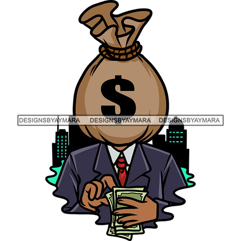Cartoon Character Money Bag Head Design Element Hand Holding Money Note Design Element White Background Building On Side Vector SVG JPG PNG Vector Clipart Cricut Silhouette Cut Cutting