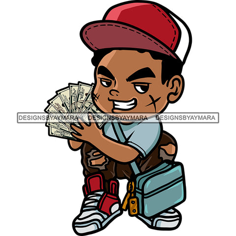 Scarface Gangster African American Boy Sitting Pose Hand Holding Money Note Smile Face Boy Wearing Cap Money Bag On Side Design Element SVG JPG PNG Vector Clipart Cricut Silhouette Cut Cutting